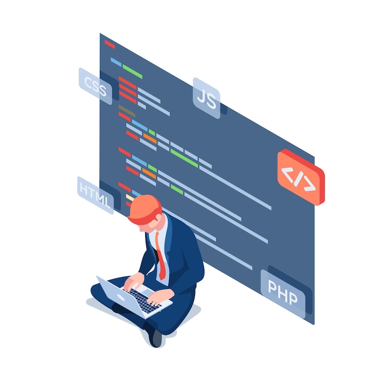 Vector flat 3d isometric businessman as a programmer working on laptop to coding. software development concept.