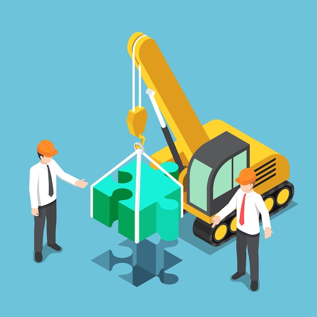 Flat 3d isometric businessman assembling last piece of jigsaw puzzle. Business solution concept.