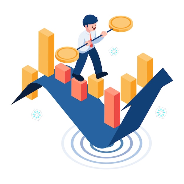 Vettore uomo d'affari isometrico 3d piatto in equilibrio sul grafico a candela finanziario gestione degli investimenti e concetto di equilibrio aziendale