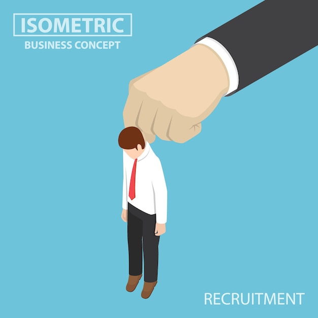 Flat 3d isometric businessman being picked up by big hand. recruitment concept.