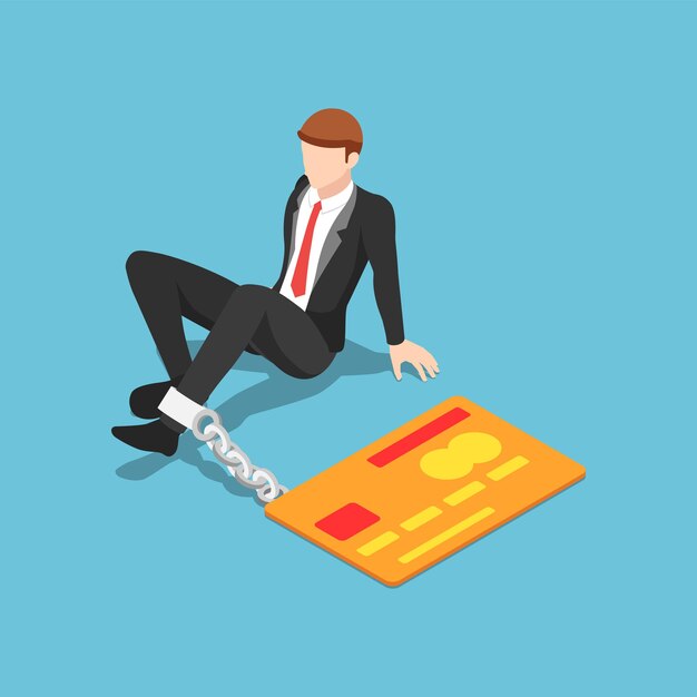 Flat 3d isometric businessman chained with credit card