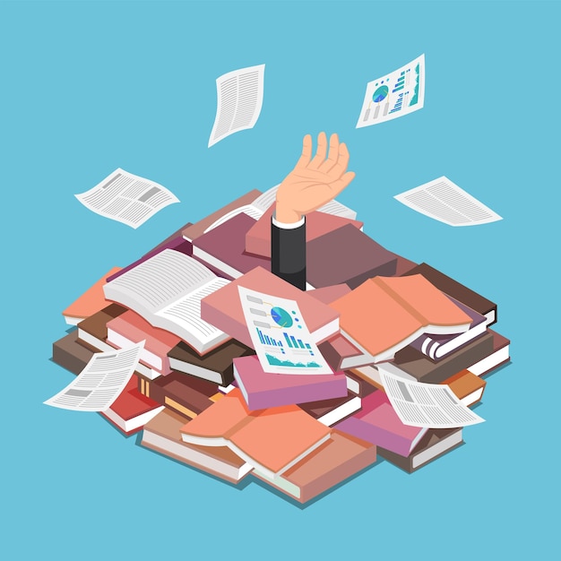 Vector flat 3d isometric businessman drowned in book and document pile. information overload and overwork concept.