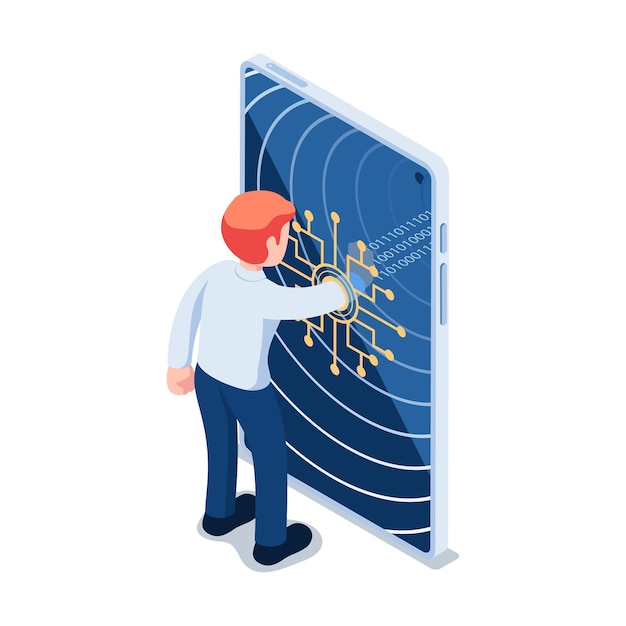 Flat 3d isometric businessman going into a digital world and change to binary code metaverse or virtual reality concept