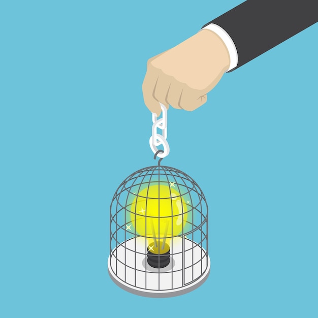 Vector flat 3d isometric businessman hand holding birdcage with light bulb of idea inside. idea concept.