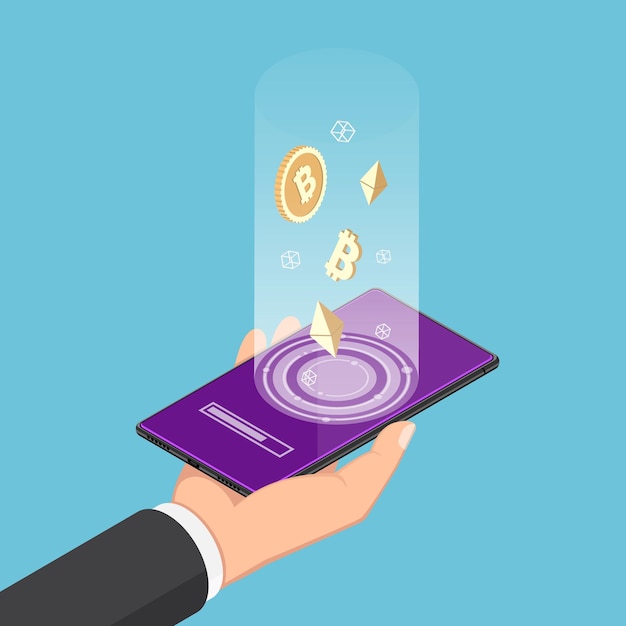 Flat 3d isometric businessman hand holding smartphone with cryptocurrency symbol floating on screen. Cryptocurrency exchange concept.