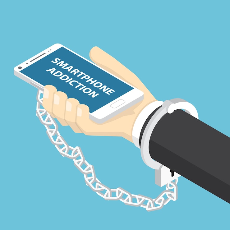 Vector flat 3d isometric businessman hand holding smartphone with handcuff. smartphone addiction concept.