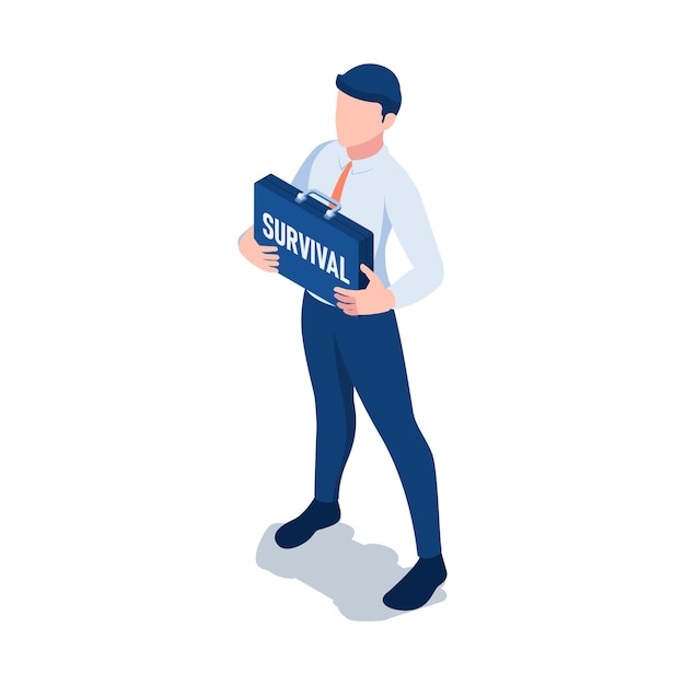 Flat 3d isometric businessman holding survival business bag. business survival concept.