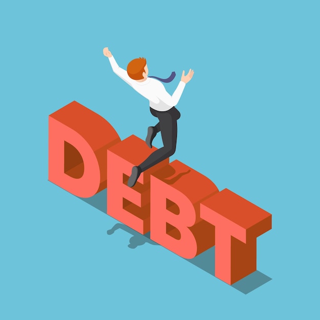 Vector flat 3d isometric businessman jumping over the debt. overcoming debt concept.