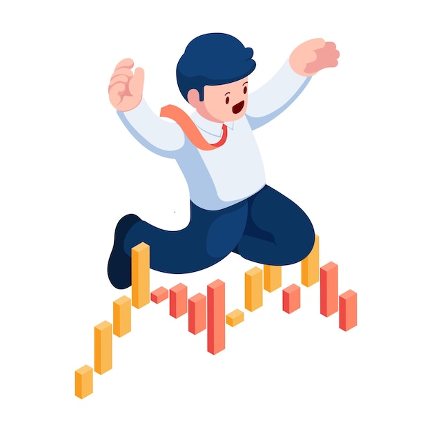 Flat 3d Isometric Businessman Jumping Over Downtrend Stock Market Chart. Stock Market and Financial Concept.