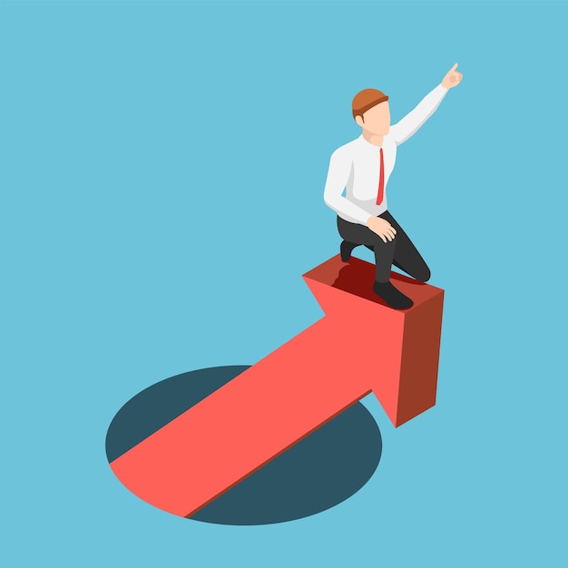 Vector flat 3d isometric businessman leading financial graph rising from hole. business success and leadership concept.