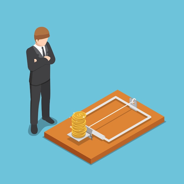 Flat 3d isometric businessman looking at dollar coin on
mousetrap. business and money trap concept.