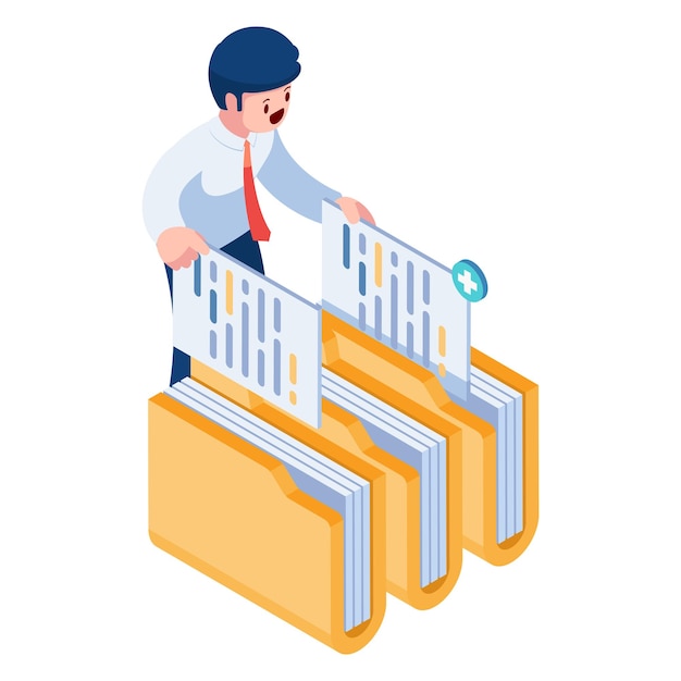 Vector flat 3d isometric businessman manage files and folders file management concept