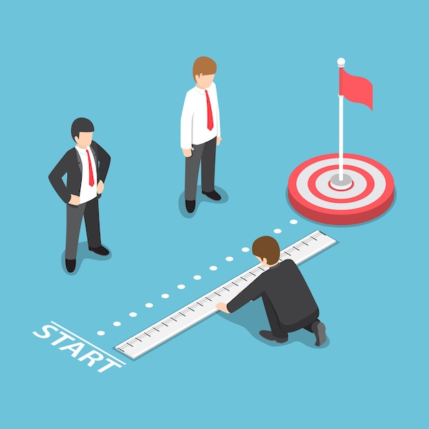 Vector flat 3d isometric businessman measuring distance between start point and target. business target analysis concept