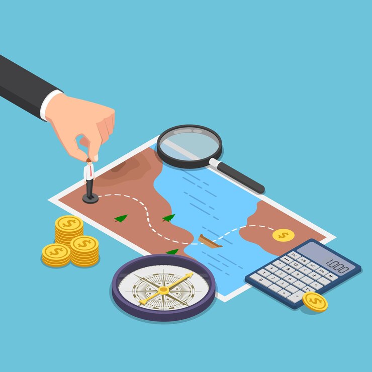 Vector flat 3d isometric businessman planning the way to success on treasure map with compass, calculator, magnifying glass. business planning concept.