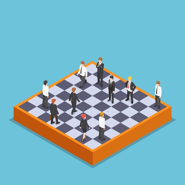 Vector flat 3d isometric businessman playing business chess. business and marketing strategy concept.