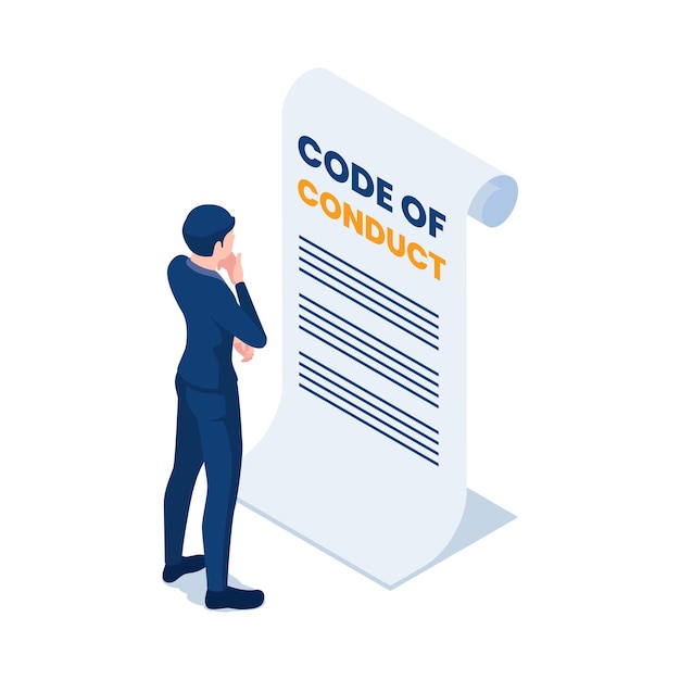 Vector flat 3d isometric businessman reading code of conduct document. 
code of conduct and business ethics concept.