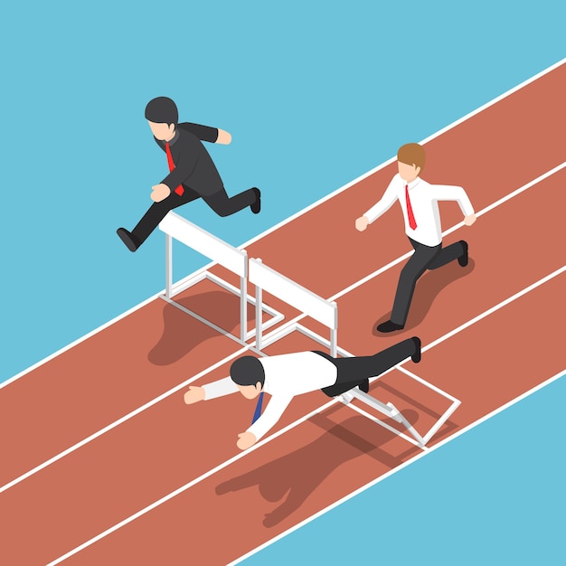 Vector flat 3d isometric businessman running with obstacle in hurdle race. business competition concept.