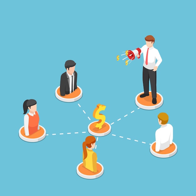 Flat 3d isometric businessman shout on megaphone with people on referral marketing network. Referral and affiliate marketing concept.