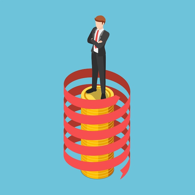 Flat 3d isometric businessman standing on coin stack with spiral growth arrow