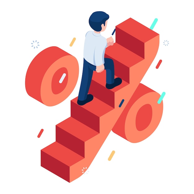 Vector flat 3d isometric businessman step up on interest rate ladder interest rate increase concept