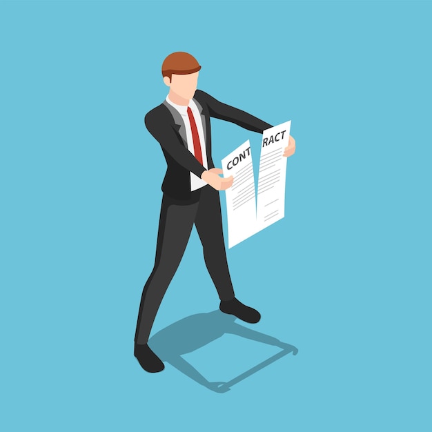 Flat 3d Isometric Businessman Tearing Apart Contract Document. Business Contract Termination Concept.
