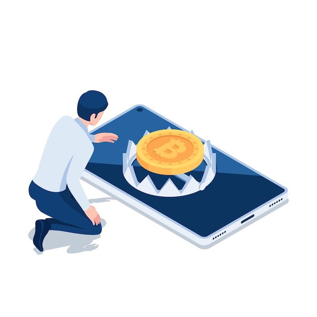 Flat 3d isometric businessman trying to catch bitcoin over the trap. cryptocurrency or bitcoin investment risk concept.