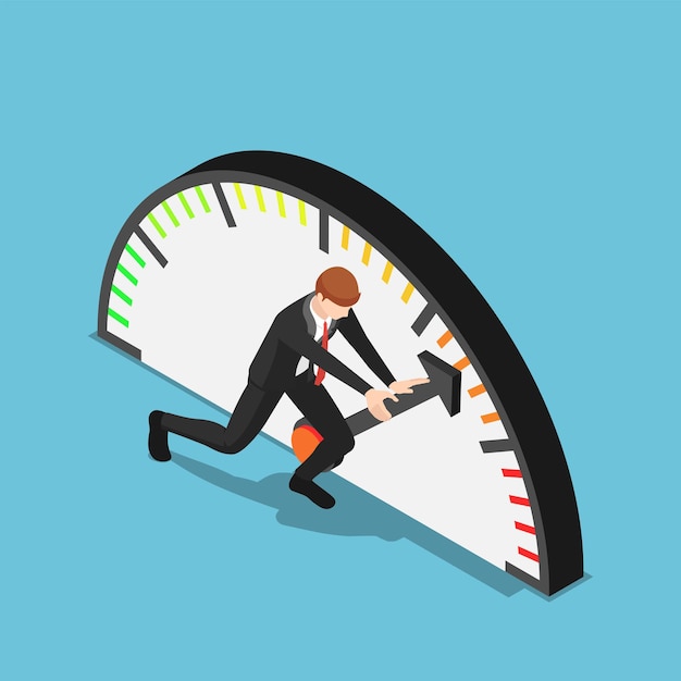Flat 3d isometric businessman trying to push meter to the maximum position