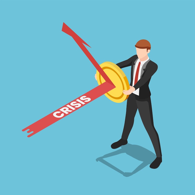 Vector flat 3d isometric businessman use golden coin to reflex crisis arrow