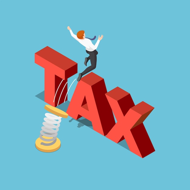 Flat 3d Isometric Businessman Use Spring to Jumping Over The TAX. Tax Management Concept.