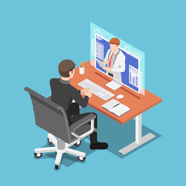 Flat 3d Isometric Businessman Video Conference with Doctor on PC Monitor. Online Medical Consultation and TeleMedicine Concept.