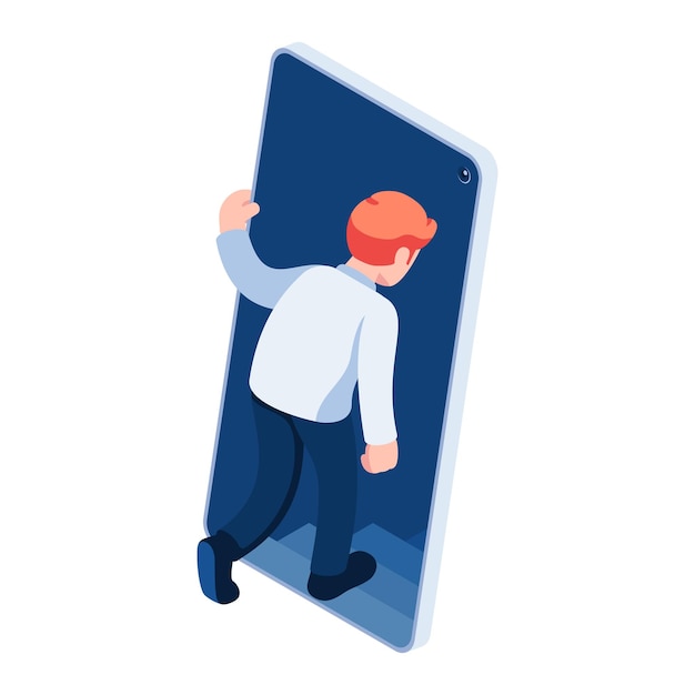 Плоский 3d-изометрический бизнесмен входит в смартфон концепция зависимости от смартфона и социальных сетей