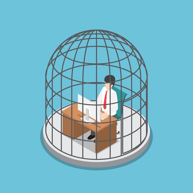 Vector flat 3d isometric businessman working in the birdcage.