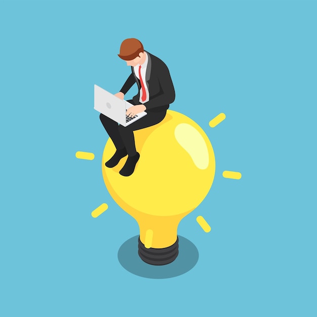 Flat 3d Isometric Businessman Working with Laptop and Sitting on Light Bulb. Business Idea Concept.