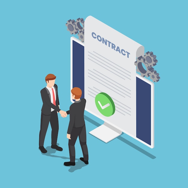 Vector flat 3d isometric businessmen shaking hand with online agreement contract document on pc monitor. online business agreement.