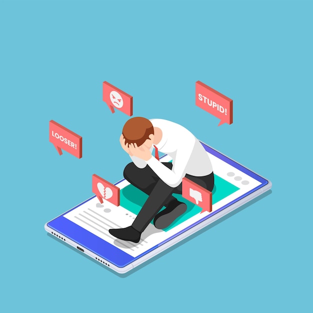 Flat 3d isometric depressed businessman sitting on the smartphone with hate speech from social media. social network and cyberbullying concept.