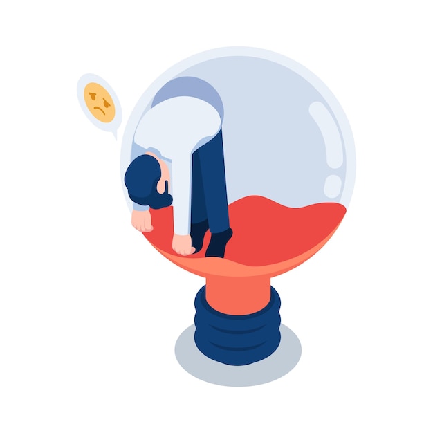 Flat 3d Isometric Exhausted Businessman inside Light Bulb Lack of Inspiration Concept