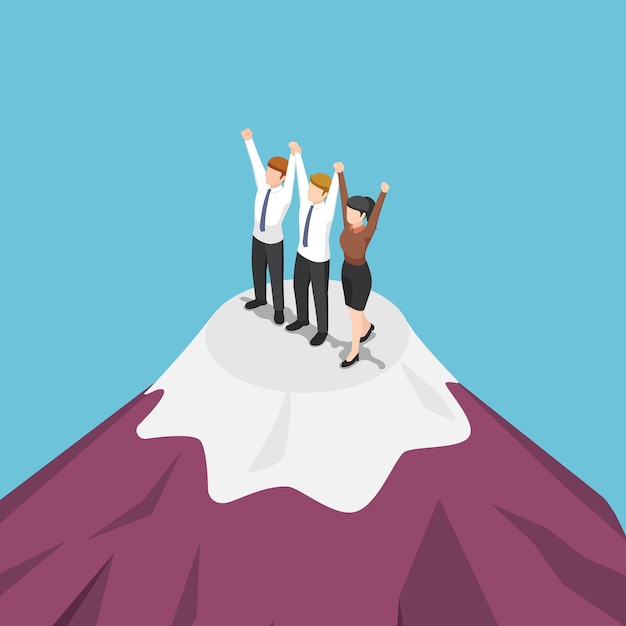 Vector flat 3d isometric group of businessman holding hand and celebrating on the top of mountain. business success and teamwork concept.