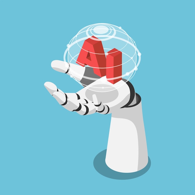 Vector flat 3d isometric hand of artificial intelligence robot holding futuristic globe with connection network. artificial intelligence and machine learning concept.