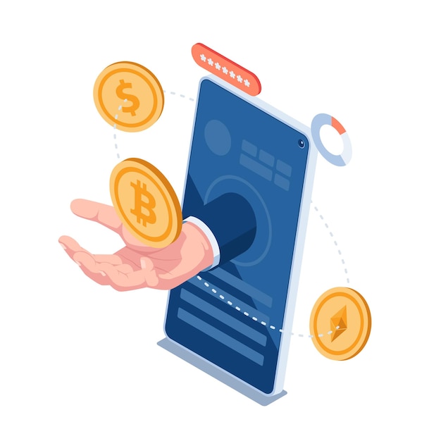 Piatto 3d isometrica mano che tiene bitcoin con moneta da un dollaro ed ethereum in orbita intorno. piattaforma di scambio di criptovalute.