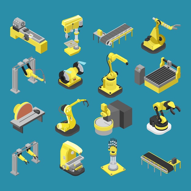 Flat 3d isometric heavy robotics industry machinery set