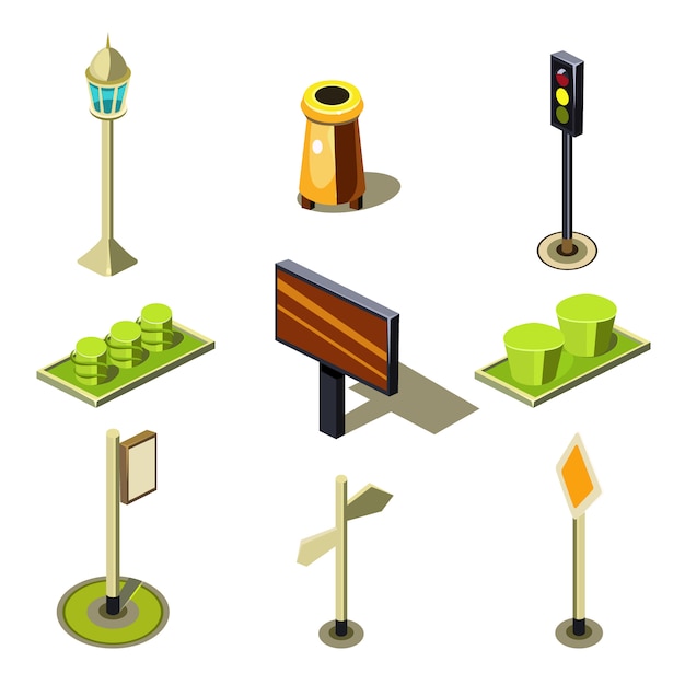 Flat 3d Isometric High Quality City Street Urban Objects Icon Set