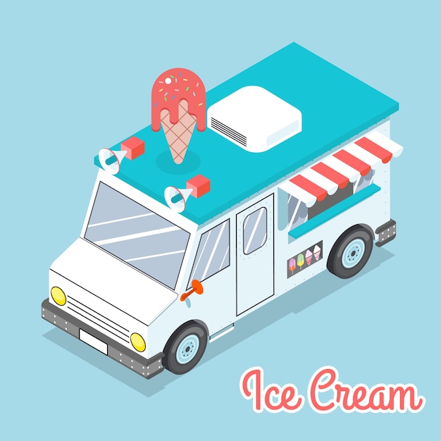 Flat 3d isometric ice cream truck. space with text. delicious and dessert and cold