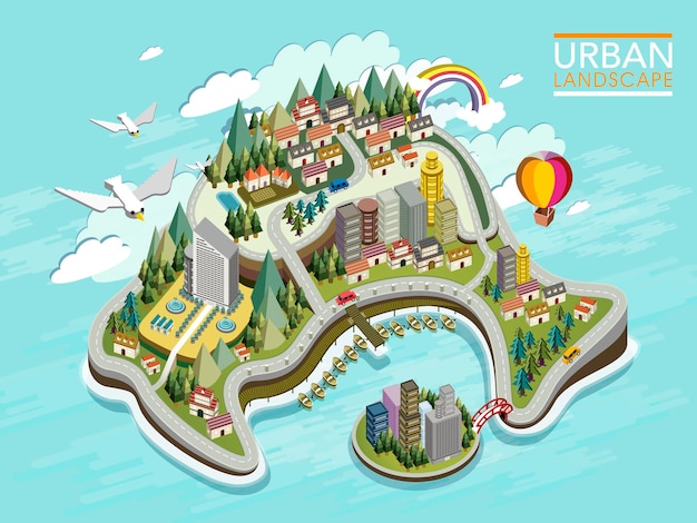 Flat 3d isometric infographic for lovely urban landscape with forest and mountains