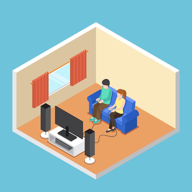 Flat 3d isometric man and woman playing video game in the living room.