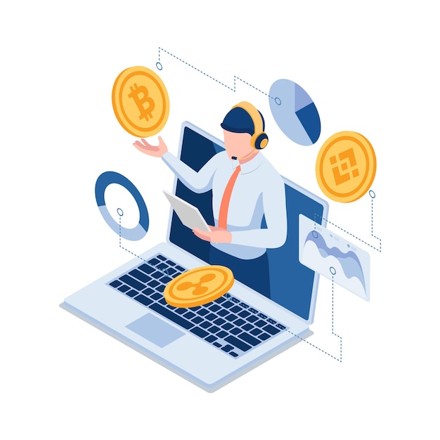 Vector flat 3d isometric online investment experts explaining the bitcoin and other cryptocurrency. financial investment expert and cryptocurrency concept.