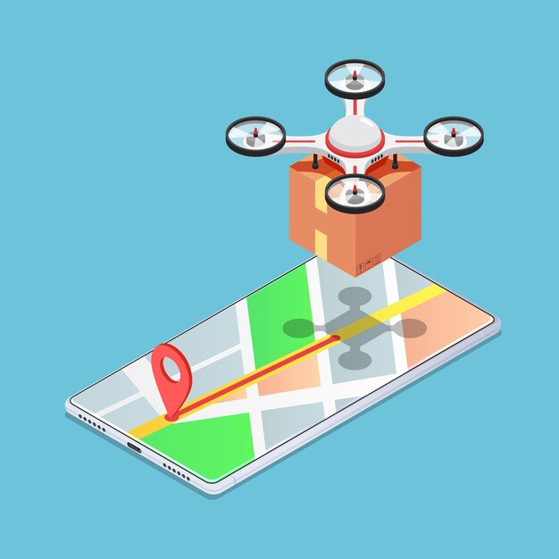 Vector flat 3d isometric quadcopter or drone on map carrying a package to delivery