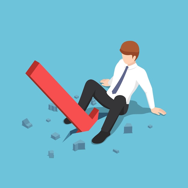 Vector flat 3d isometric red arrow falling between businessman legs. business and financial crisis concept.