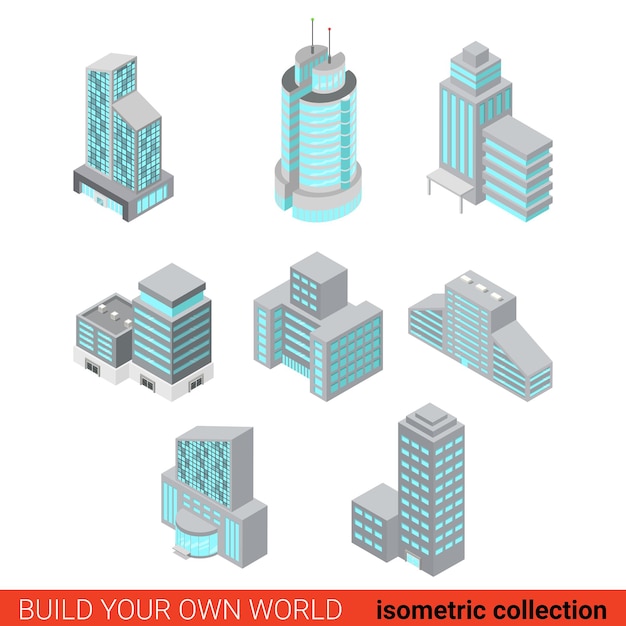 Vector flat 3d isometric set of business office center block building glass skyscraper