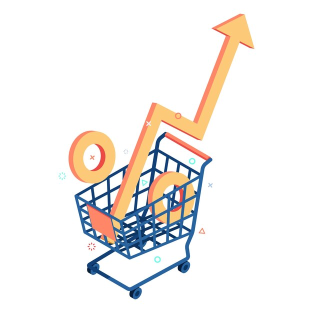 Vector flat 3d isometric shopping cart with rising percent symbol food prices rising and economic recession or stagnation concept