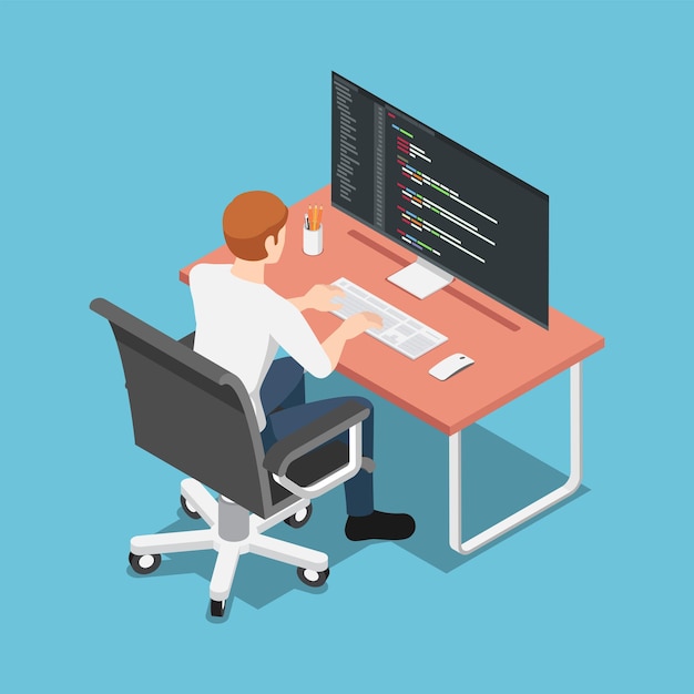 Flat 3d isometric software developer or programmer coding on pc computer. programming and web design concept.